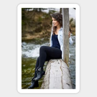 Woman tourist on a wooden bridge Sticker